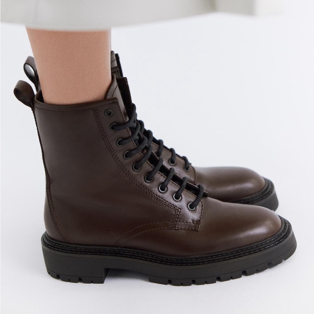 Zara Brown Lace Up Platform Ankle Size EU 39 US 8 Combat Biker Lug Chunky Boots - Picture 2 of 9